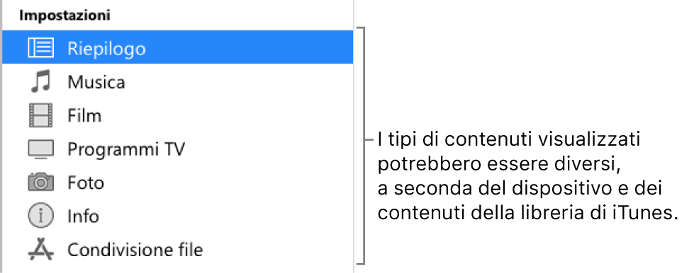 La voce Riepilogo selezionata nella barra laterale a sinistra. I tipi di contenuti mostrati potrebbero variare, a seconda del dispositivo e dei contenuti della libreria di iTunes.