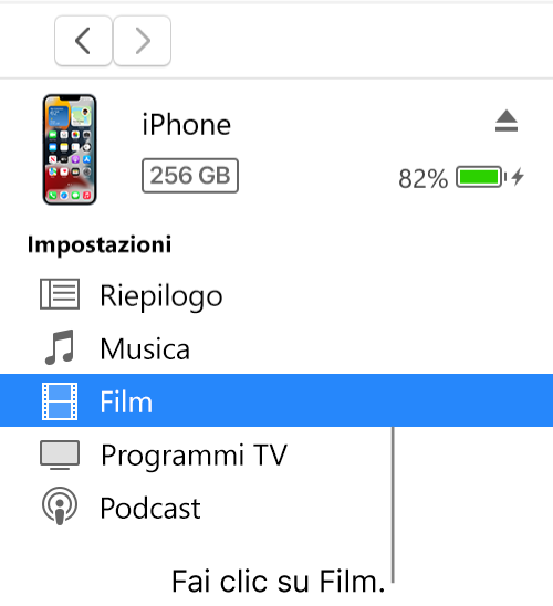 La finestra Dispositivo, con la voce Film selezionata nella barra laterale a sinistra.