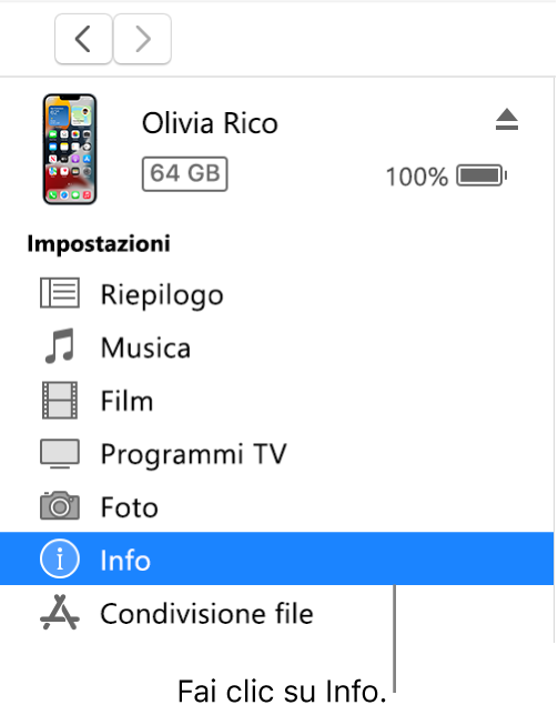 La finestra Dispositivo, con la voce Info selezionata nella barra laterale a sinistra.