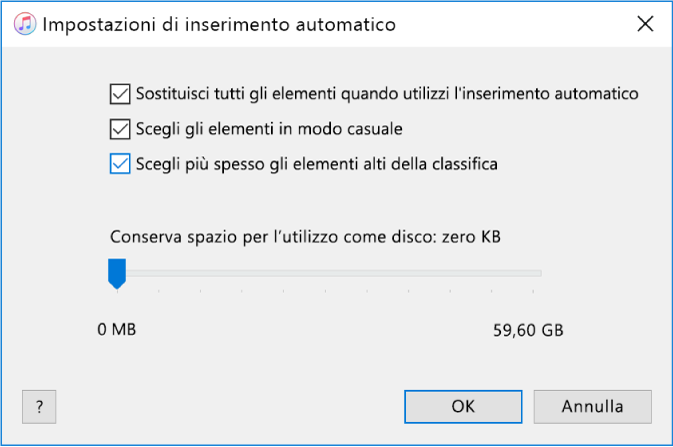 La finestra di dialogo delle impostazioni di inserimento automatico.