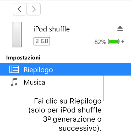 La finestra Dispositivo, con la voce Riepilogo selezionata nella barra laterale a sinistra.