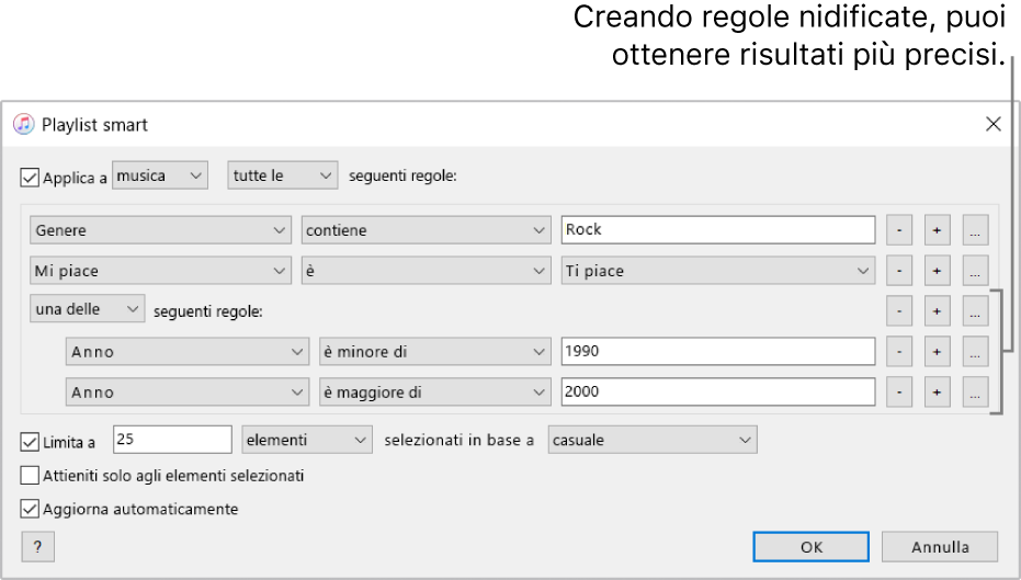 Finestra playlist smart: usa il pulsante Nidifica sulla destra per creare regole aggiuntive, nidificate, per ottenere risultati specifici.