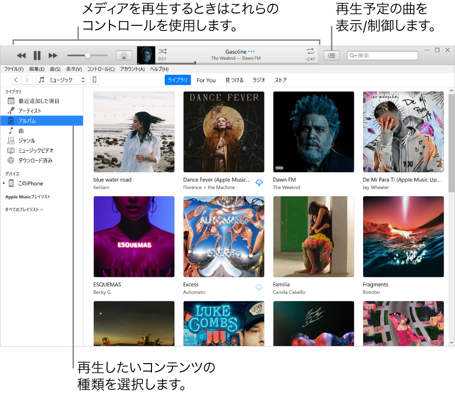 iTunesライブラリのメインウインドウ: ナビゲータで、再生するメディアの種類（「ミュージック」など）を選択します。メディアを再生するには、上部のバナーにあるコントロールを使用します。ライブラリを表示する方法を変更するには、「次はこちら」ポップアップメニューを使用します。