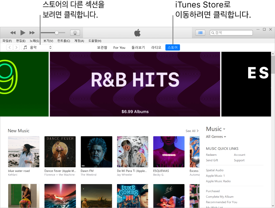 iTunes Store 주 창: 탐색 막대에 스토어가 하이라이트되어 있음. 왼쪽 상단 모서리에 있는 스토어에서 다른 콘텐츠를 보기 위해 선택함(예: 음악 또는 TV).