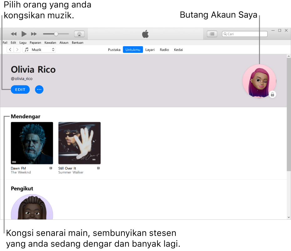 Halaman profil dalam Apple Music: Di penjuru kiri atas di bawah nama anda, klik Edit untuk memilih orang yang anda berkongsi muzik. Di penjuru kanan atas ialah butang Akaun Saya. Di bawah pengepala Mendengar Kepada ialah semua album yang anda sedang dengari dan anda boleh klik butang Lagi untuk menyembunyikan stesen yang anda sedang dengari, berkongsi senarai main dan banyak lagi.