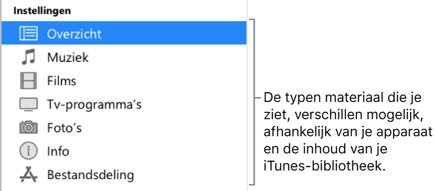 'Overzicht' is geselecteerd in de zijbalk aan de linkerkant. De typen materiaal die worden weergegeven, verschillen mogelijk, afhankelijk van je apparaat en de inhoud van je iTunes-bibliotheek.