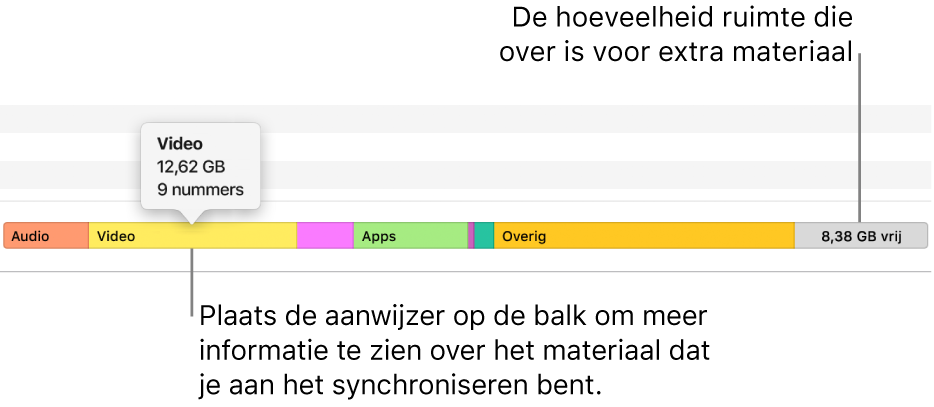 Houd de aanwijzer op de balk onder in het venster om details te bekijken van het materiaal dat je synchroniseert en om na te gaan hoeveel lege ruimte er beschikbaar is voor meer materiaal.
