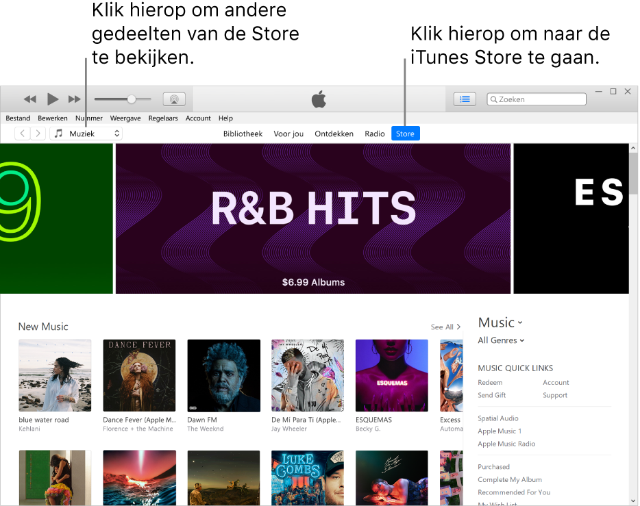 Het hoofdvenster van de iTunes Store: 'Store' is gemarkeerd in de navigatiebalk. In de linkerbovenhoek kun je aangeven of je andere inhoud (zoals 'Muziek' of 'Tv') in de Store wilt weergeven.