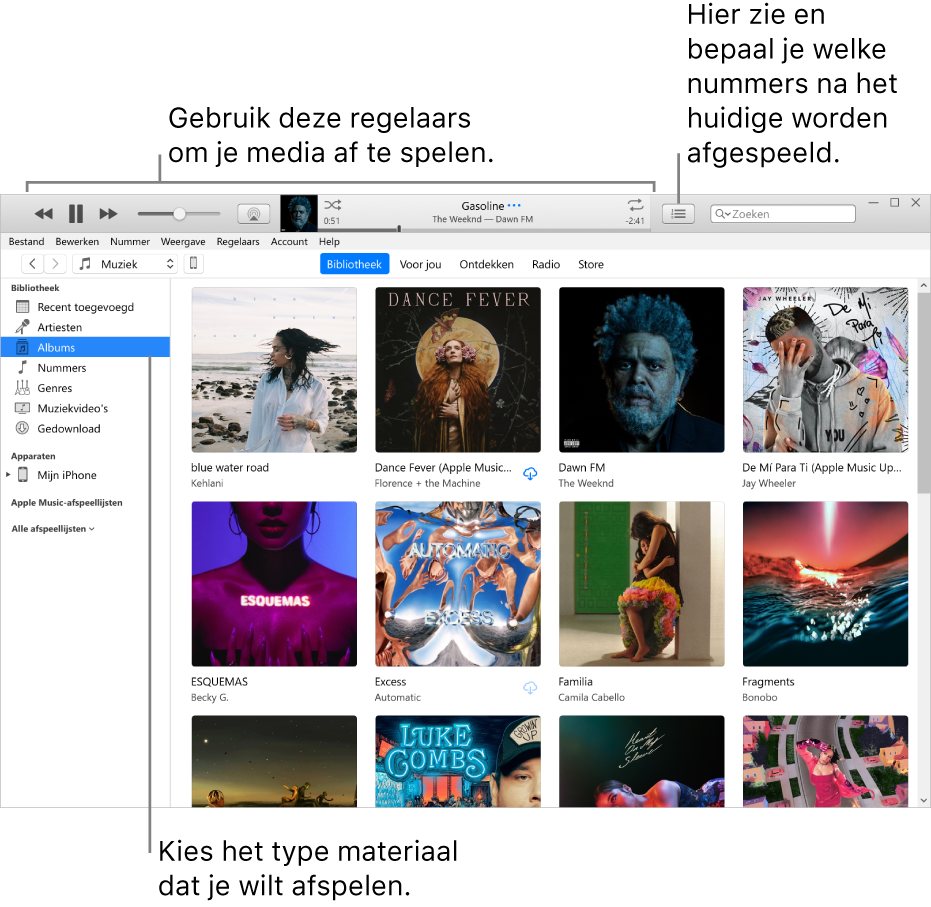 Het hoofdvenster van de iTunes-bibliotheek: In het navigatiepaneel kies je het type media dat je wilt afspelen (zoals muziek). Met de regelaars boven in het venster kun je het afspelen regelen. Gebruik de keuzelijst 'Volgende' aan de rechterkant om de bibliotheek op verschillende manieren weer te geven.