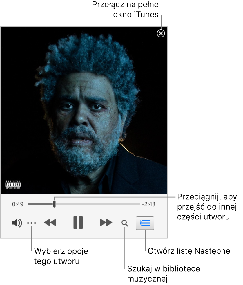 Rozwinięty miniodtwarzacz, wyświetlający narzędzia do obsługi odtwarzanego utworu. W prawym górnym rogu znajduje się przycisk zamykania, używany do przełączania iTunes na pełne okno. Na dole okna znajduje się suwak, który można przesuwać w celu przejścia do innej części utworu. Pod suwakiem po lewej stronie znajduje się przycisk dodatkowych opcji, przy użyciu którego możesz wybrać opcje widoku oraz inne opcje dotyczące odtwarzanego utworu. Po prawej stronie pod suwakiem znajdują się dwa przyciski — lupa służąca do przeszukiwania biblioteki muzycznej oraz lista Następne, pozwalająca śledzić następne odtwarzane utwory.