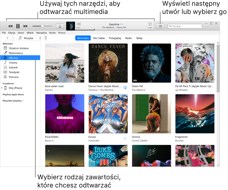 Okno główne biblioteki iTunes: W nawigatorze wybierz typ multimediów, które chcesz odtwarzać (na przykład Muzyka). Używaj tych narzędzi na górnym banerze do odtwarzania swoich multimediów i używaj menu Następny po prawej stronie do wyświetlania biblioteki na różne sposoby.