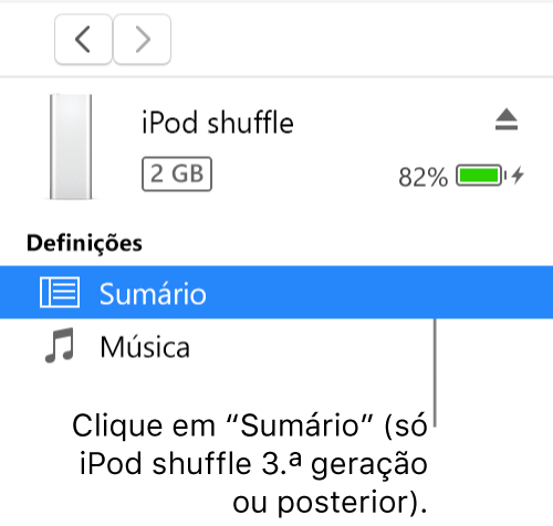 A janela Dispositivo, com a opção Sumário selecionada na barra lateral à esquerda.