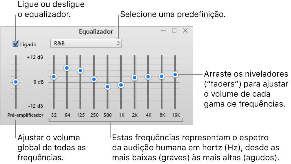 A janela Equalizador: no canto superior esquerdo está a opção para ativar o equalizador do iTunes. Ao lado, encontra-se o menu com as predefinições do equalizador. Na extrema esquerda, pode ser ajustado o volume geral das frequências com o pré-amplificador. Por baixo das predefinições do equalizador, pode ser ajustado o nível de volume das diferentes gamas de frequências que representam o espetro da audição humana, da mínima à máxima.