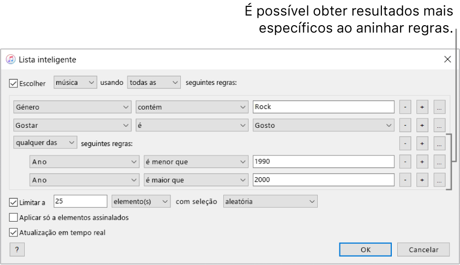 A janela da lista inteligente: Use o botão Aninhar à direita para criar regras adicionais aninhadas para obter resultados mais específicos.