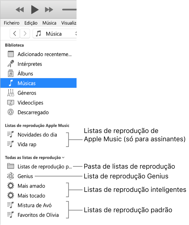 A barra lateral do iTunes a mostrar os vários tipos de listas de reprodução: Listas de reprodução de Apple Music (apenas assinantes), Genius, inteligentes e normais, além de uma pasta de listas de reprodução.