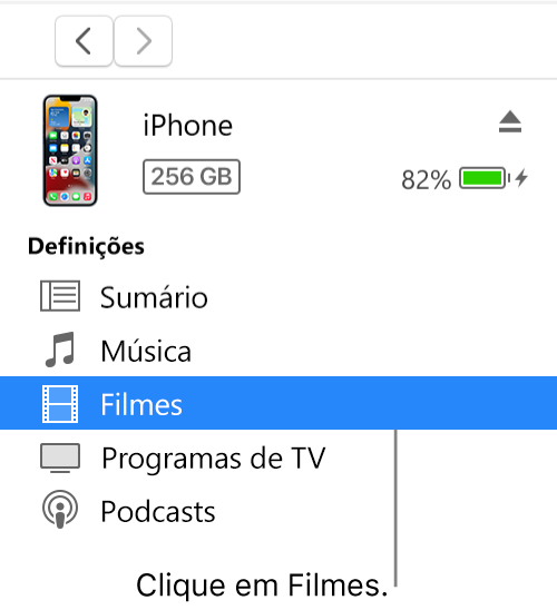 A janela Dispositivo, com a opção Filmes selecionada na barra lateral do lado esquerdo.