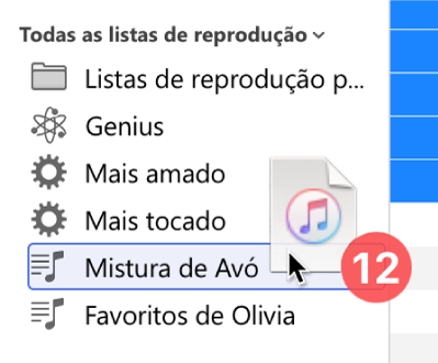 Um álbum a ser arrastado para uma lista de reprodução. A lista de reprodução é realçada por um retângulo azul.