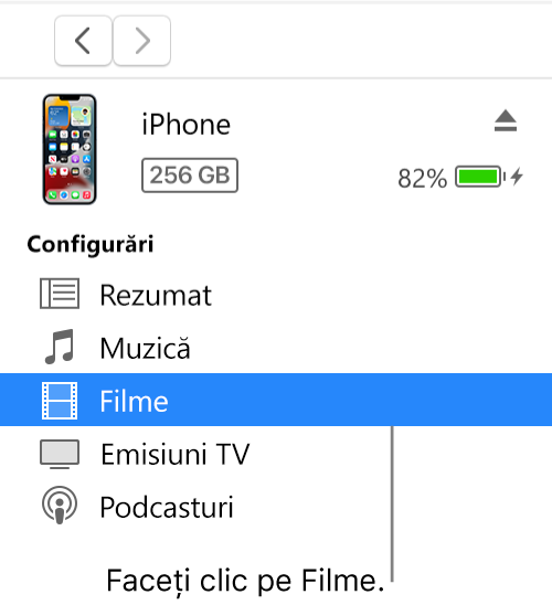 Fereastra Dispozitiv, cu secțiunea Filme selectată în bara laterală din stânga.