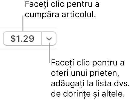 Un buton care afișează un preț. Faceți clic pe preț pentru a cumpăra articolul. Faceți clic pe săgeată pentru a dărui articolul unui prieten, a‑l adăuga la lista dvs. de dorințe și altele.