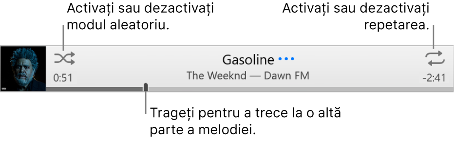 Bannerul cu o melodie în curs de redare. Butonul Mod aleatoriu este în colțul din stânga sus; butonul Repetare este în colțul din dreapta sus. Trageți cursorul de redare pentru a trece la o altă parte a melodiei.