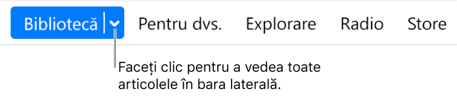 Butonul Bibliotecă în bara de navigare afișând meniul pop-up; faceți clic pentru a accesa toate articolele din bara laterală când ascundeți bara laterală.