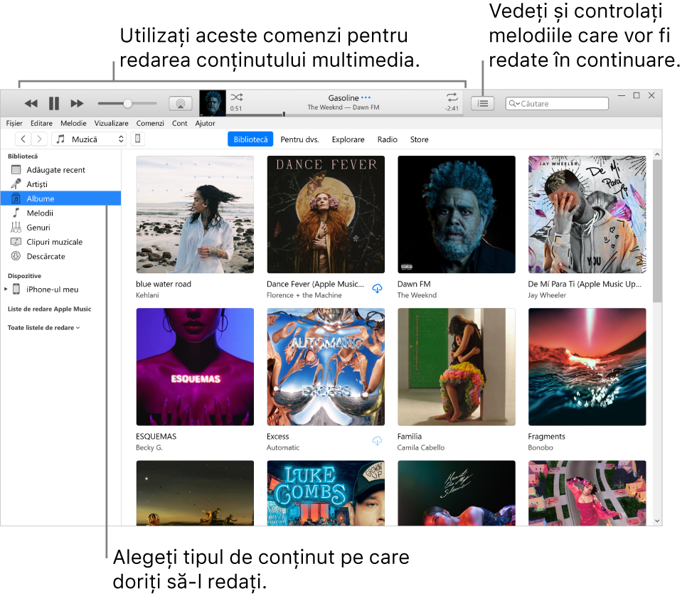 Fereastra principală bibliotecă iTunes: În navigator, selectați tipul de conținut multimedia care să fie redat (cum ar fi Muzică). Utilizați comenzile din bannerul de sus pentru a reda conținutul multimedia și utilizați meniul pop-up Urmează din dreapta pentru a vizualiza biblioteca în diferite moduri.