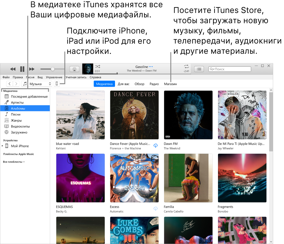 Внешний вид окна iTunes. Окно iTunes состоит из двух частей. Слева находится боковое меню Медиатеки, которое содержит все Ваши цифровые материалы. Справа, в широкой области контента, можно просмотреть интересные подборки. Например, Вы можете перейти к своей медиатеке или странице «Для вас», просмотреть новую музыку или видео в iTunes либо посетить iTunes Store, чтобы загрузить новую музыку, фильмы, телешоу, аудиокниги и другие материалы. В правой верхней части бокового меню медиатеки находится кнопка устройства. С ее помощью можно узнать, подключен ли iPhone, iPad или iPod к ПК.