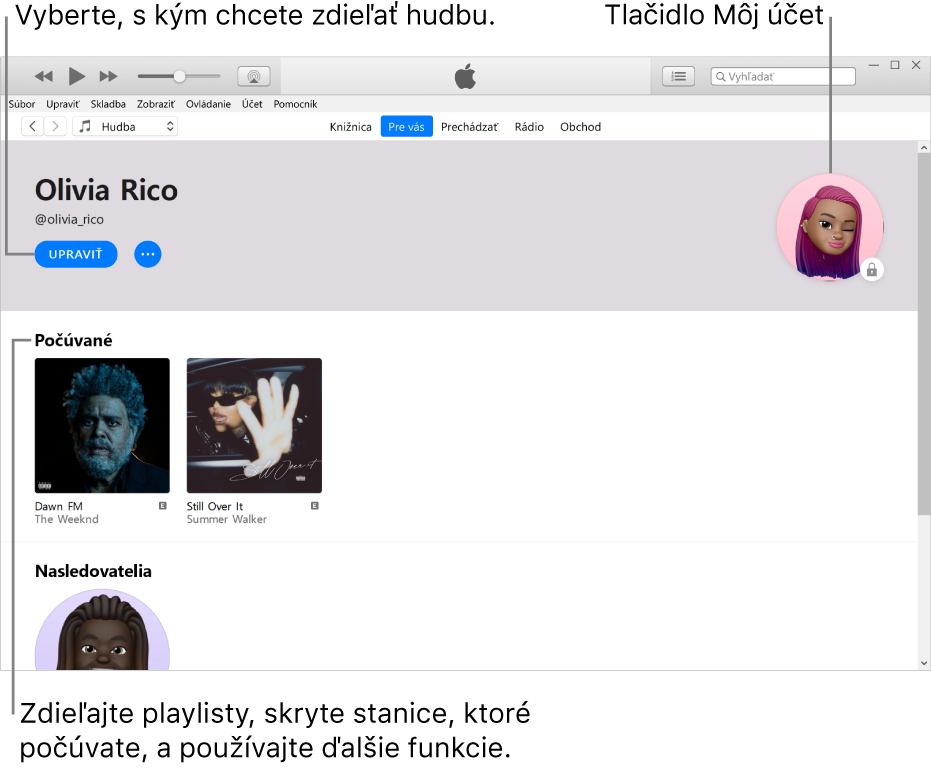 Strana profilu v Apple Music. Ak chcete vybrať, s kým budete zdieľať hudbu, kliknite na Upraviť v ľavom hornom rohu pod vaším menom. V pravom hornom rohu je tlačidlo Môj účet. V časti Počúvané sú všetky albumy, ktoré počúvate a kliknutím na tlačidlo Viac môžete skryť stanice, ktoré počúvate, zdieľať playlisty a vykonávať ďalšie akcie.