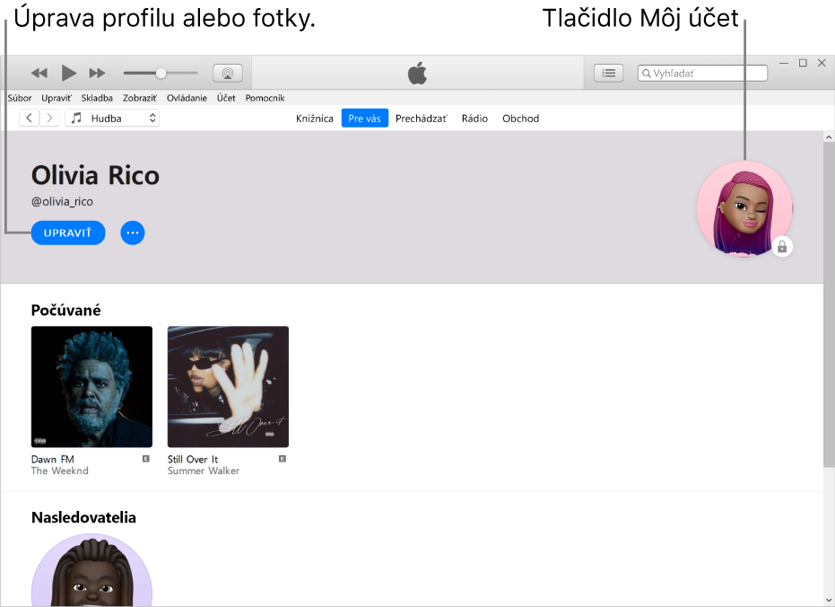 Strana profilu v Apple Music. Ak chcete upraviť svoj profil alebo fotku, kliknite na Upraviť v ľavom hornom rohu pod vaším menom. V pravom hornom rohu je tlačidlo Môj účet.