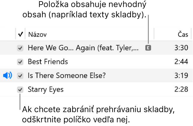 Detail zobrazenia Skladby v hudbe, pričom sa zobrazujú zaškrtávacie políčka na ľavej strane a symbol nevhodného obsahu pre prvú skladbu (označuje, že má nevhodný obsah, ako napríklad text skladby). Ak chcete zabrániť, aby sa skladba prehrávala, zrušte zaškrtnutie polička vedľa danej skladby.