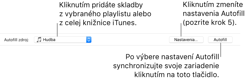 Možnosti funkcie Autofill v spodnej časti panela Hudba. Úplne naľavo sa nachádza vyskakovacie menu Autofill zdroj, kde môžete vybrať, či sa skladby majú pridať z playlistu alebo z celej knižnice. Vpravo sú dve tlačidlá - Nastavenia, pomocou ktorého môžete meniť rôzne možnosti funkcie Autofill a tlačidlo Autofill. Po kliknutí na Autofill bude prázdne miesto na vašom zariadení zaplnené skladbami podľa zvolených kritérií.