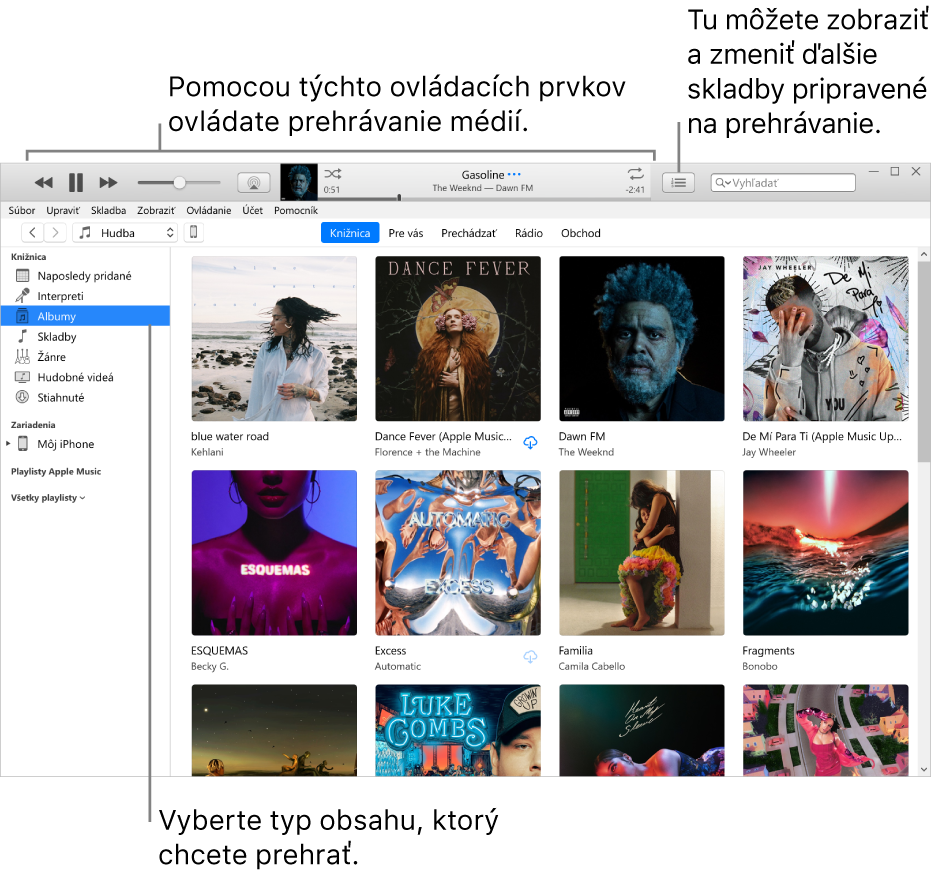 Hlavné okno knižnice iTunes: V navigátore vyberte typ média, ktoré chcete prehrávať (napríklad Hudba). Pomocou ovládacích prvkov na banneri v hornej časti môžete prehrávať svoje médiá a pomocou vyskakovacieho menu Nasleduje, ktoré sa nachádza na pravej strane, môžete zobrazovať svoju knižnicu rôznymi spôsobmi.