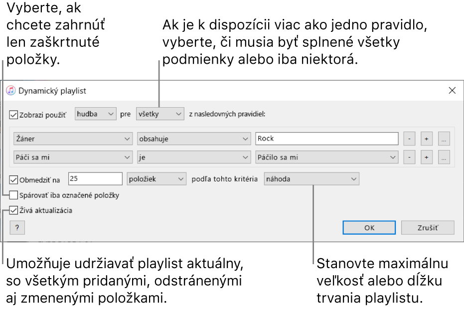 Okno dynamického playlistu: V ľavom hornom rohu zaškrtnite Zobrazí položku a špecifikujte kritériá playlistu (napríklad žáner alebo páči sa mi). Pokračujte v pridávaní alebo odstraňovaní pravidiel. Ak máte viac koa jedno pravidlo, vyberte, či musia byť splnené všetky podmienky alebo len niektoré. V spodnej časti okna vyberte rôzne možnosti. Môžete napríklad obmedziť veľkosť alebo trvanie playlistu vrátane len zaškrtnutých skladieb alebo nastaviť automatickú aktualizáciu playlistu pri zmene položiek v knižnici.