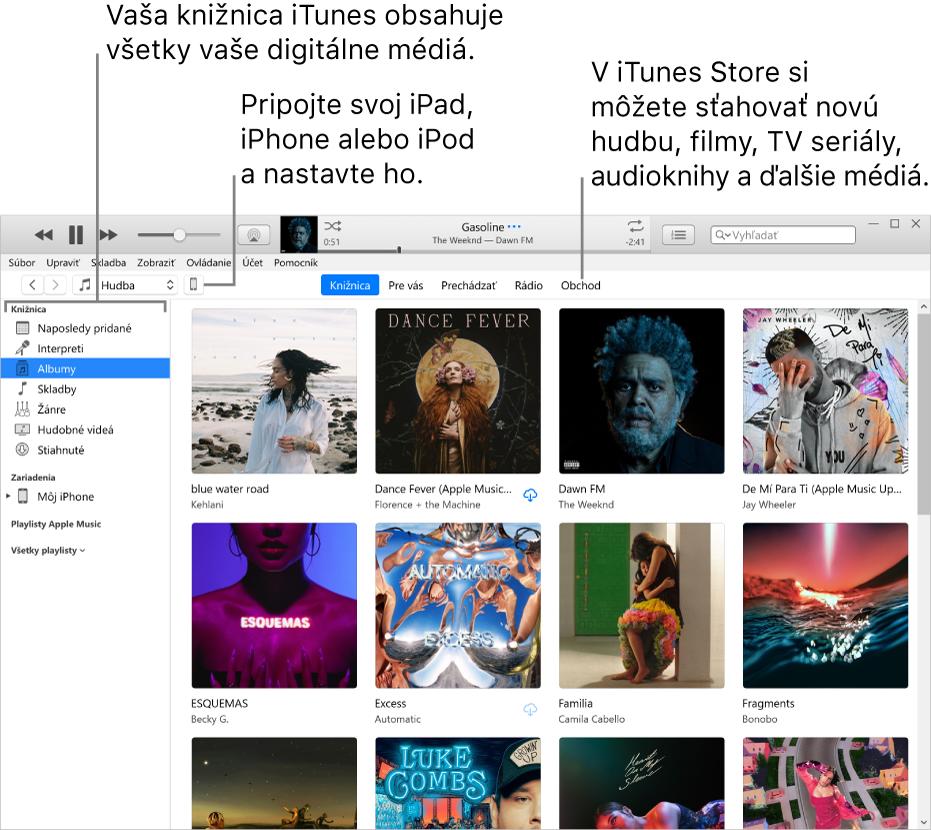 Obrázok okna aplikácie iTunes: Okno iTunes má dva panely. Na ľavej strane sa nachádza bočný panel Knižnica, ktorý obsahuje všetky vaše digitálne médiá. Na pravej strane, vo väčšej oblasti pre obsah, si môžete zobraziť výber, ktorý vás zaujíma. Môžete napríklad navštíviť svoju knižnicu alebo stránku Pre vás, prezerať si novú hudbu a videá v iTunes alebo navštíviť obchod iTunes Store, kde si môžete stiahnuť novú hudbu, filmy, TV seriály, audioknihy a ďalší obsah. Vpravo hore od bočného panela Knižnica sa nachádza tlačidlo Zariadenie, ktoré ukazuje, že váš iPhone, iPad alebo iPod je pripojený k PC.