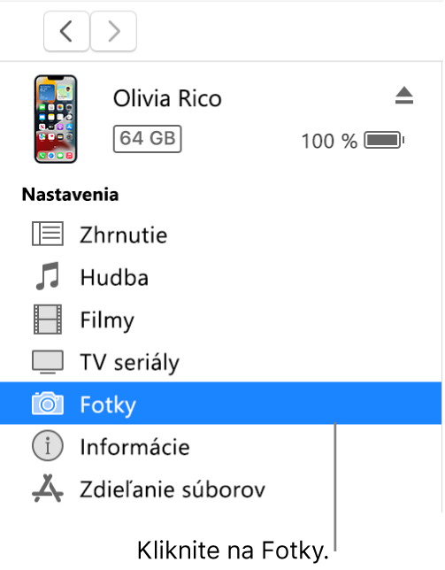 Okno Zariadenie s položkou Fotky vybranou v bočnom paneli vľavo.