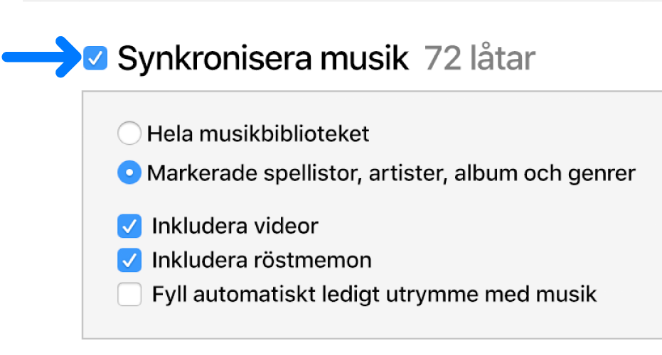 Synkronisera musik nära det övre vänstra hörnet med alternativ för att synkronisera hela biblioteket eller endast markerade objekt.