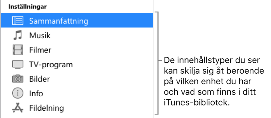 Sammanfattning är markerat i sidofältet till vänster. Vilka typer av innehåll som visas kan variera beroende på enhet och innehållet i iTunes-biblioteket.
