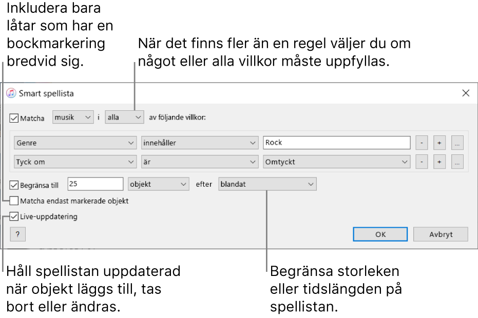 Fönstret Smart spellista: Markera Matcha uppe till vänster. Ange sedan villkor för spellistan (till exempel genre eller betyg). Fortsätt att lägga till eller ta bort regler. När det finns fler än en regel väljer du om ett eller alla villkor ska uppfyllas. Du kan markera olika alternativ nederst i fönstret. Du kan till exempel begränsa storleken eller tidslängden på spellistan, välja att endast låtar som är markerade ska tas med eller låta iTunes uppdatera spellistan allteftersom objekt i biblioteket ändras.