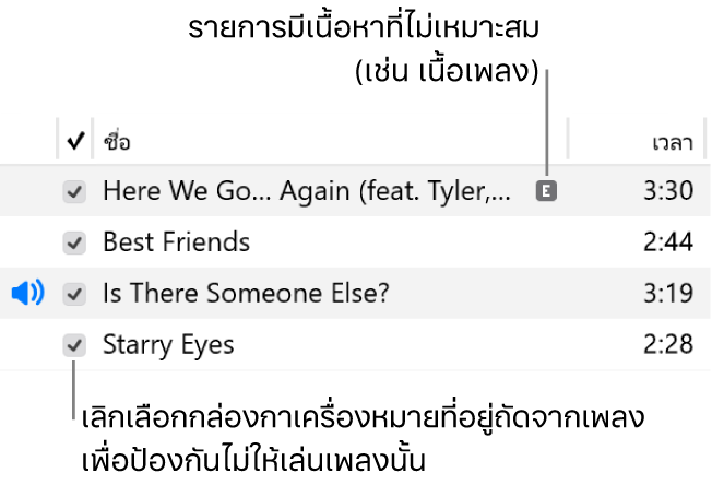 รายละเอียดของมุมมองเพลงในเพลง ซึ่งแสดงกล่องกาเครื่องหมายต่างๆ ทางด้านซ้ายและสัญลักษณ์ไม่เหมาะสมสำหรับเพลงแรก (ระบุว่าเพลงแรกมีเนื้อหาที่ไม่เหมาะสม เช่น เนื้อเพลง เป็นต้น) เลิกเลือกกล่องกาเครื่องหมายถัดจากเพลงเพื่อป้องกันไม่ให้เล่นเพลงดังกล่าว