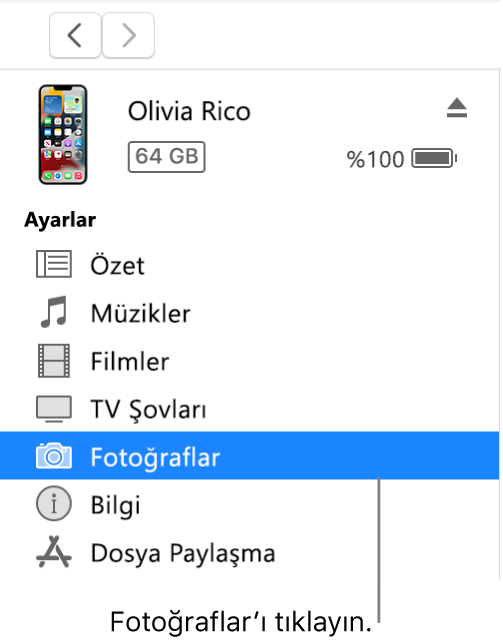 Soldaki kenar çubuğunda Fotoğraflar’ın seçili olduğu Aygıt penceresi.