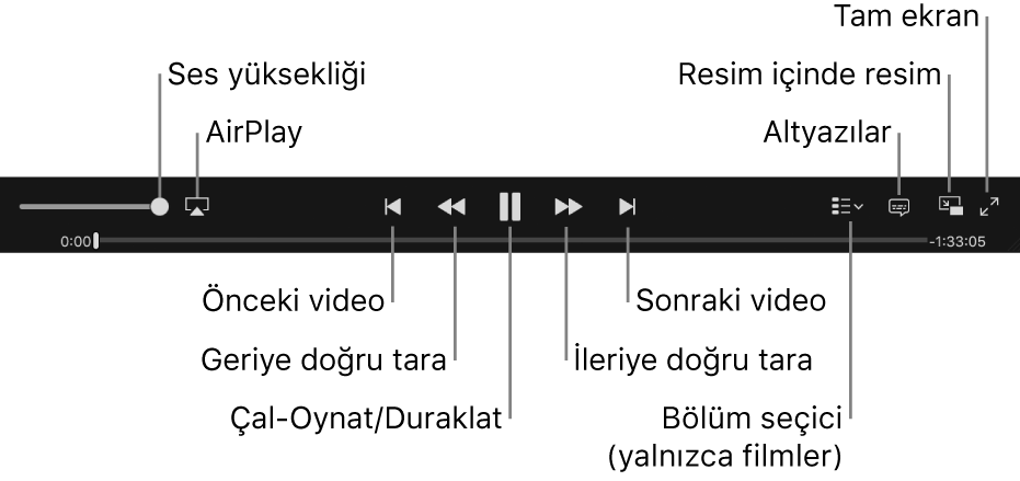 Video denetimleri: Ses yüksekliği, AirPlay, Önceki video, Geriye doğru tara, Oynat/Duraklat, İleriye doğru tara, Sonraki video, Bölüm seçici (yalnızca filmler için), Altyazılar, Resim İçinde Resim ve Tam ekran.
