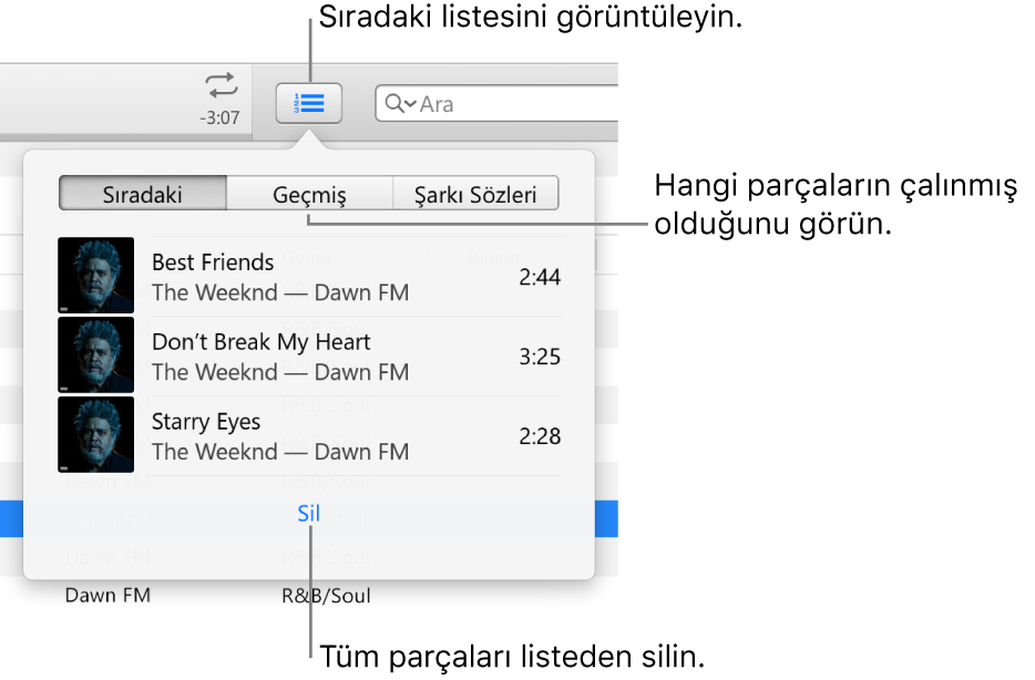 Sıradaki listesini gösteren başlıktaki Sıradaki düğmesi. Daha Önce Çalınanlar listesini görmek için Geçmiş düğmesini tıklayabilirsiniz. Sıradaki listesinin en altındaki Sil bağlantısını kullanarak listedeki parçaların tümünü silebilirsiniz.