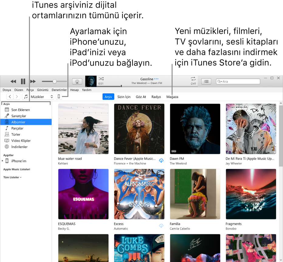 iTunes penceresinin görüntüsü: iTunes penceresinde iki bölme vardır. Solda, dijital ortamınızın tamamını içeren Arşiv kenar çubuğu bulunur. Sağda ise arşiviniz veya Sizin İçin sayfasını ziyaret edebilmeniz, yeni iTunes müziklerine ve videolarına göz atabilmeniz veya yeni müzikler, filmler, TV şovları, sesli kitaplar ve daha fazlasını indirmek üzere iTunes Store’u ziyaret edebilmeniz için daha geniş bir içerik bölümü yer alır. Arşiv kenar çubuğunun sağ üst kısmında iPhone’unuzun, iPad’inizin veya iPod’unuzun PC’nize bağlı olduğunu gösteren Aygıt düğmesi vardır.