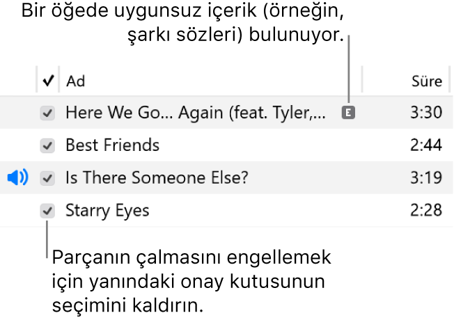 Müzikteki Parçalar görüntüsünün ayrıntıları; solda onay kutularını ve ilk parçanın (şarkı sözü gibi uygunsuz içeriğe sahip olduğunu belirten) uygunsuz sembolünü gösteriyor Bir parçanın çalmasını engellemek için yanındaki onay kutusunun seçimini kaldırın.