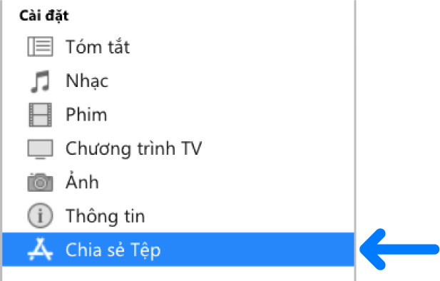 Trong Cài đặt của thiết bị, hãy bấm vào Chia sẻ tệp để chuyển các tệp giữa máy tính và thiết bị của bạn.