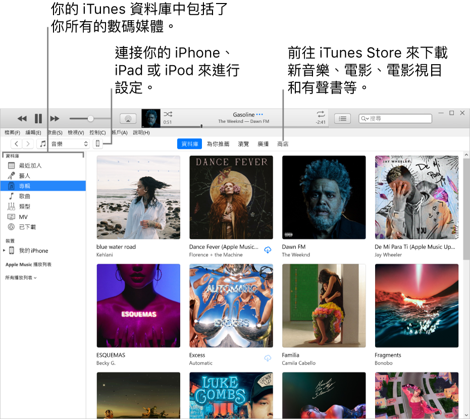 iTunes 視窗的顯示方式：iTunes 視窗有兩個面板。左側為「資料庫」側邊欄，包含所有數碼媒體。在右側較大的內容區域中，你可以檢視你有興趣的精選項目，例如參訪你的資料庫或「為你推薦」頁面、瀏覽新的 iTunes 音樂和影片，或參訪 iTunes Store 來下載新音樂、電影、電視節目、有聲書等等。「資料庫」側邊欄的右上角為「裝置」按鈕，會顯示已連接到 PC 的 iPhone、iPad 或 iPod。