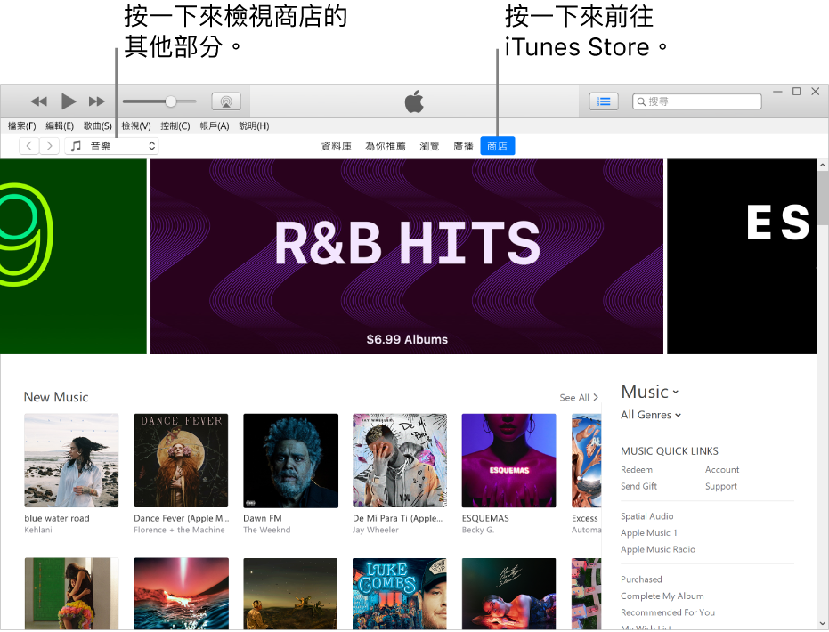 iTunes Store 主視窗：在導覽列中，「商店」已醒目標示。在左上角，選擇以在「商店」中檢視不同內容（例如「音樂」或「電視」）。