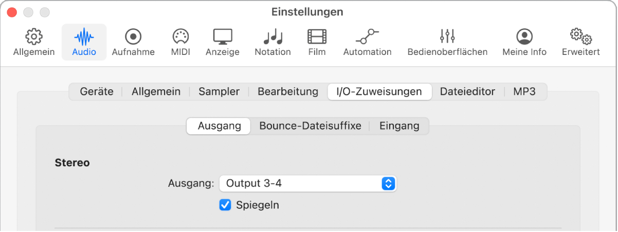 Abbildung. Bereich „Ausgang“ im Bereich „I/O-Zuweisungen“ der Audioeinstellungen