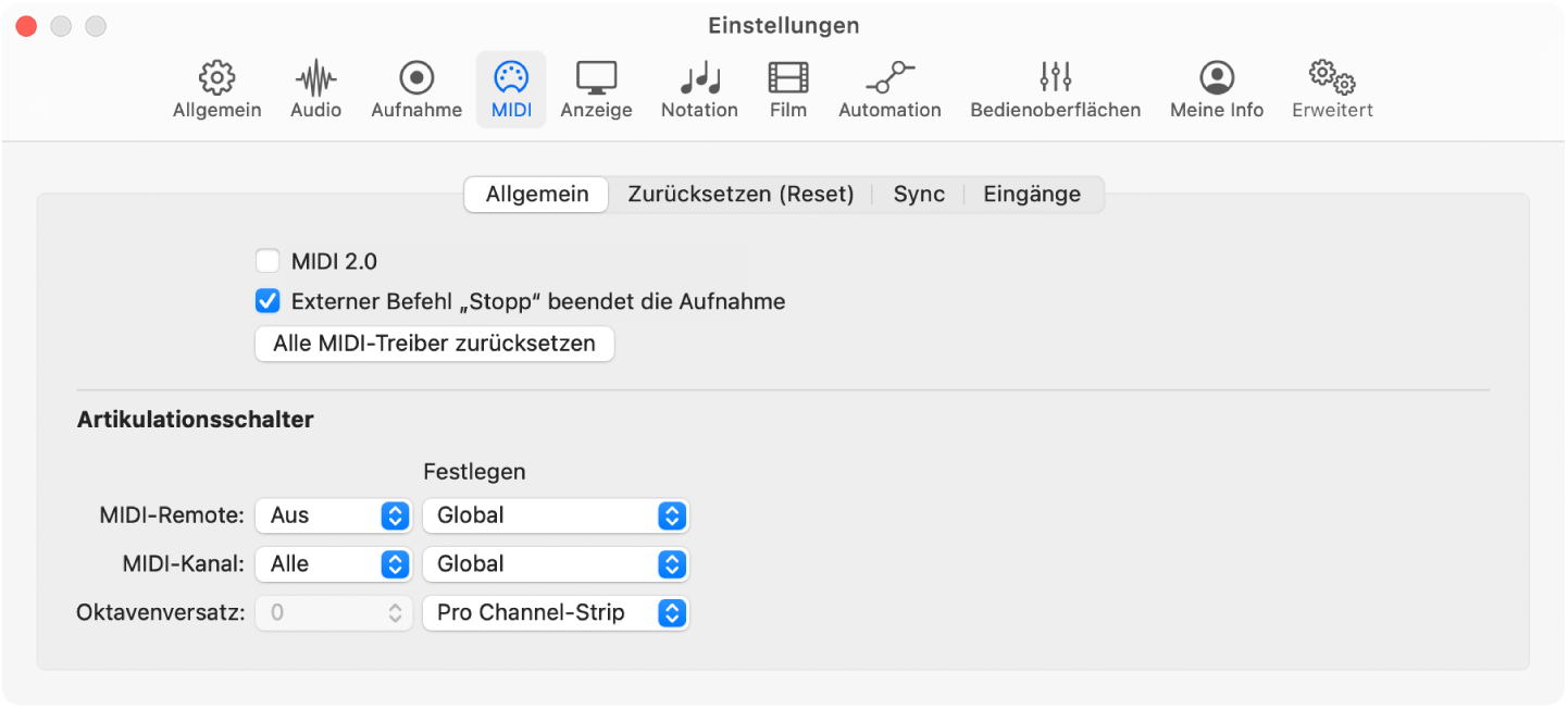 Abbildung. Einstellungsbereich „MIDI“ > „Allgemein“