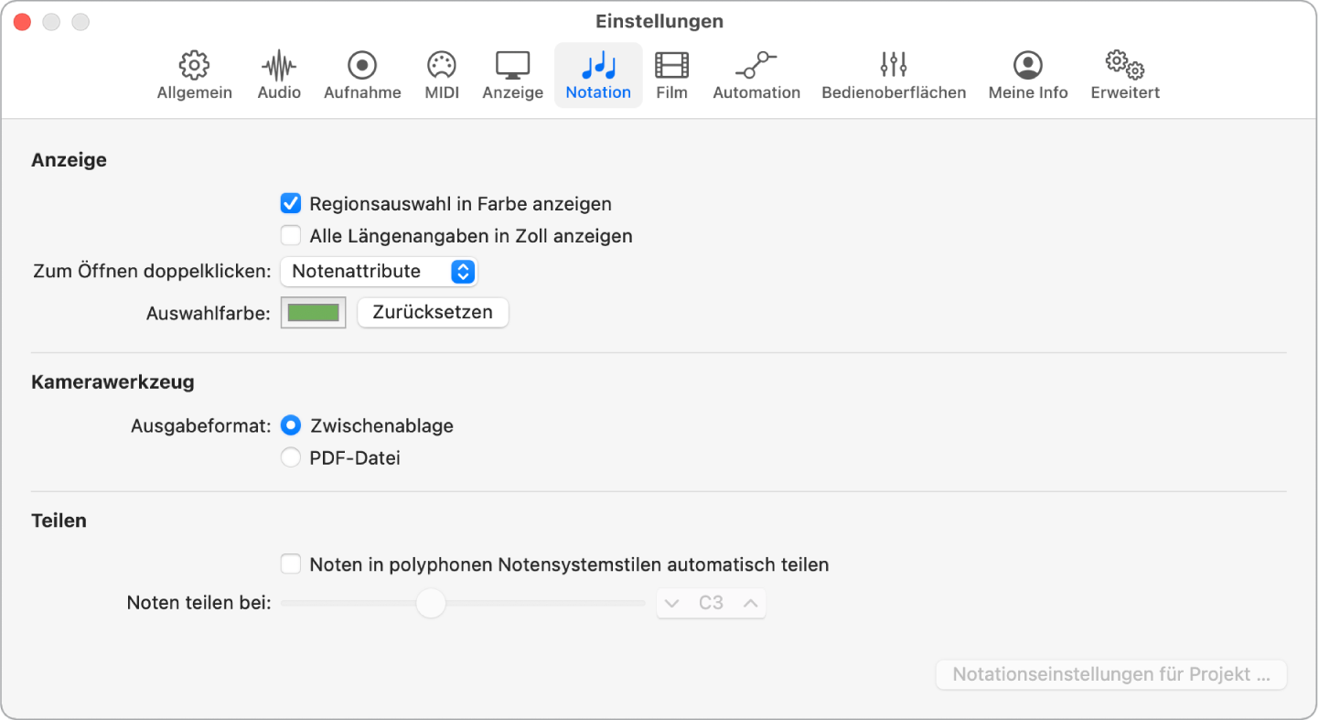 Abbildung. Einstellungsbereich „Notation“